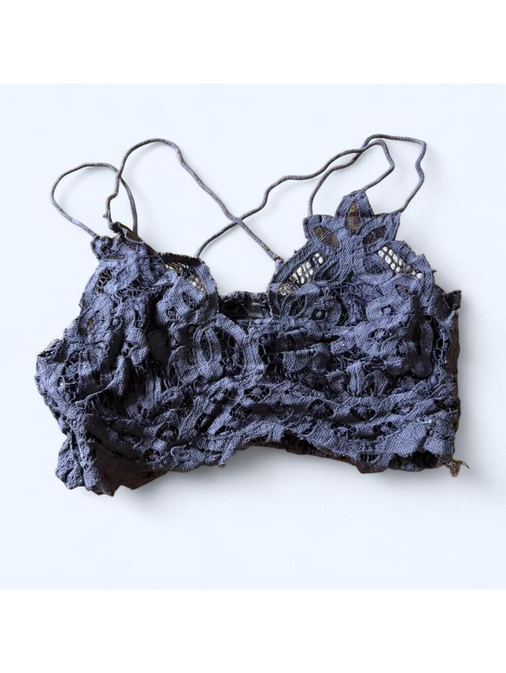 Purplish blue lace bralette with cross straps from free people